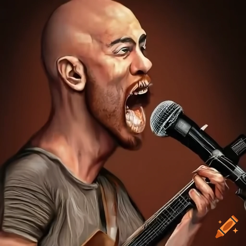 Bald guitarist with a goatee singing into a microphone