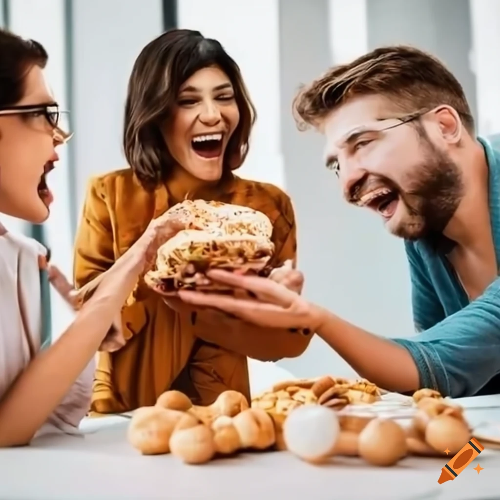 Collaborative and laughter-filled team during snack session in contemporary office
