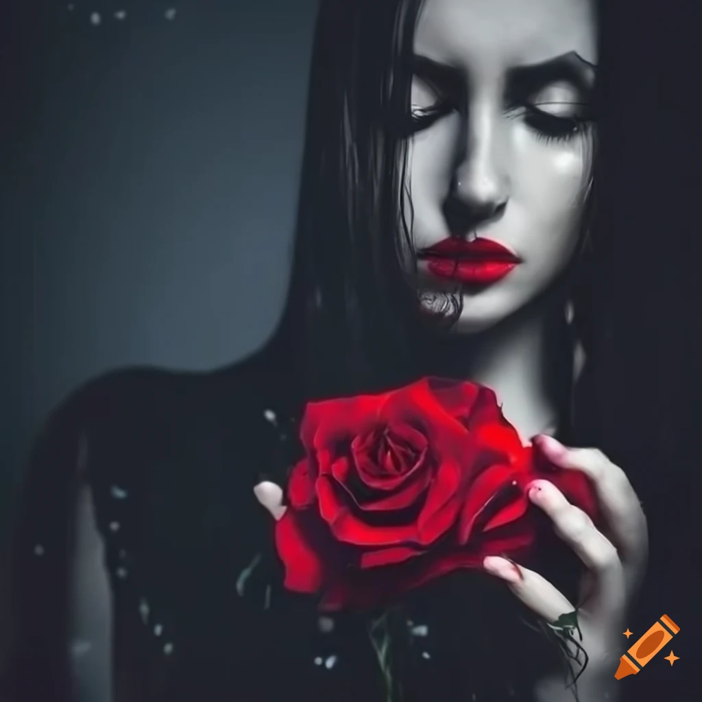 Beautiful female holding a red rose under the moonlight with tears
