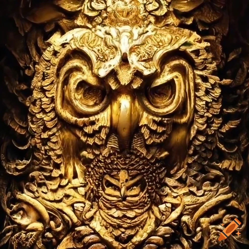 Gold carving of the Chaos God Tzeentch represented as an owl