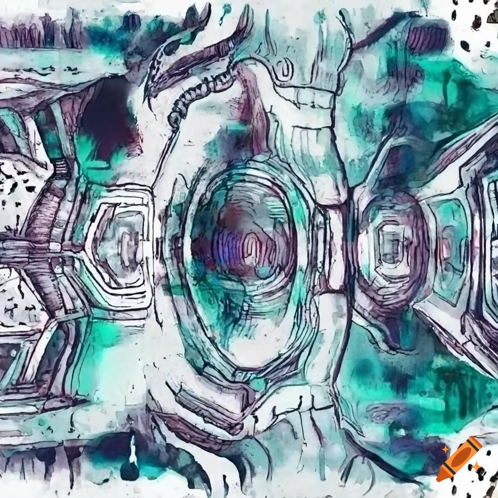 Futuristic surreal spaceship inspired by sci-fi masters, watercolor in light cyan hues