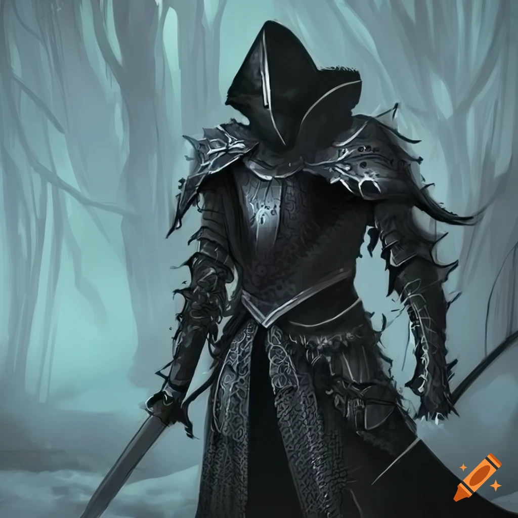 Black knight in black armor with a sword wandering through a green fantasy world