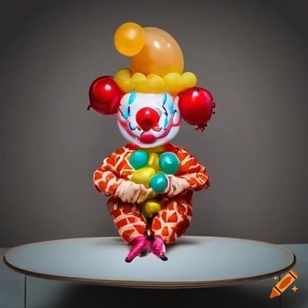 Balloon clown hugging an oval board on table's edge