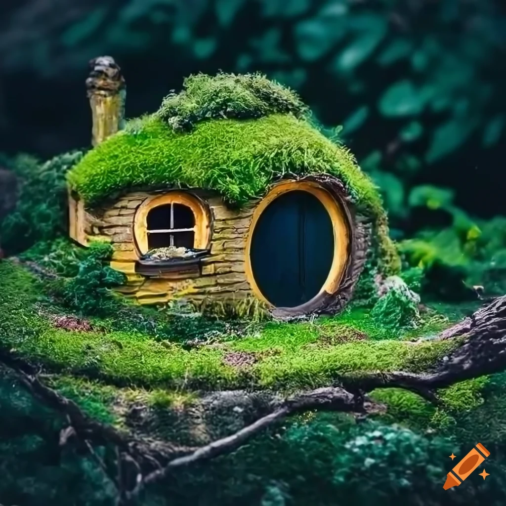 Detailed close-up of a miniature mossy hobbit house on a branch with a dark background
