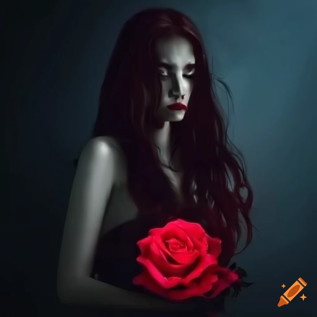 Beautiful female with a red rose under a dark moonlight