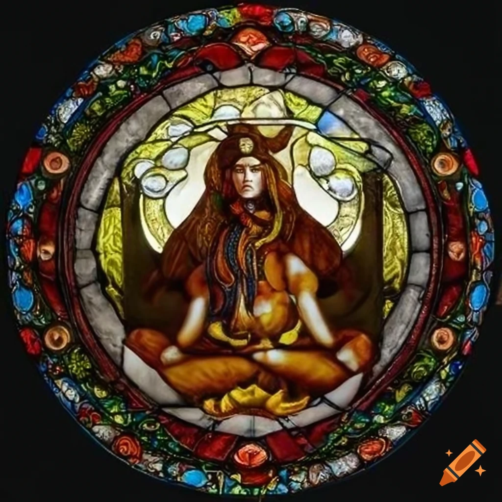 Hooded Shiva-like monk stained glass with symmetrical halo