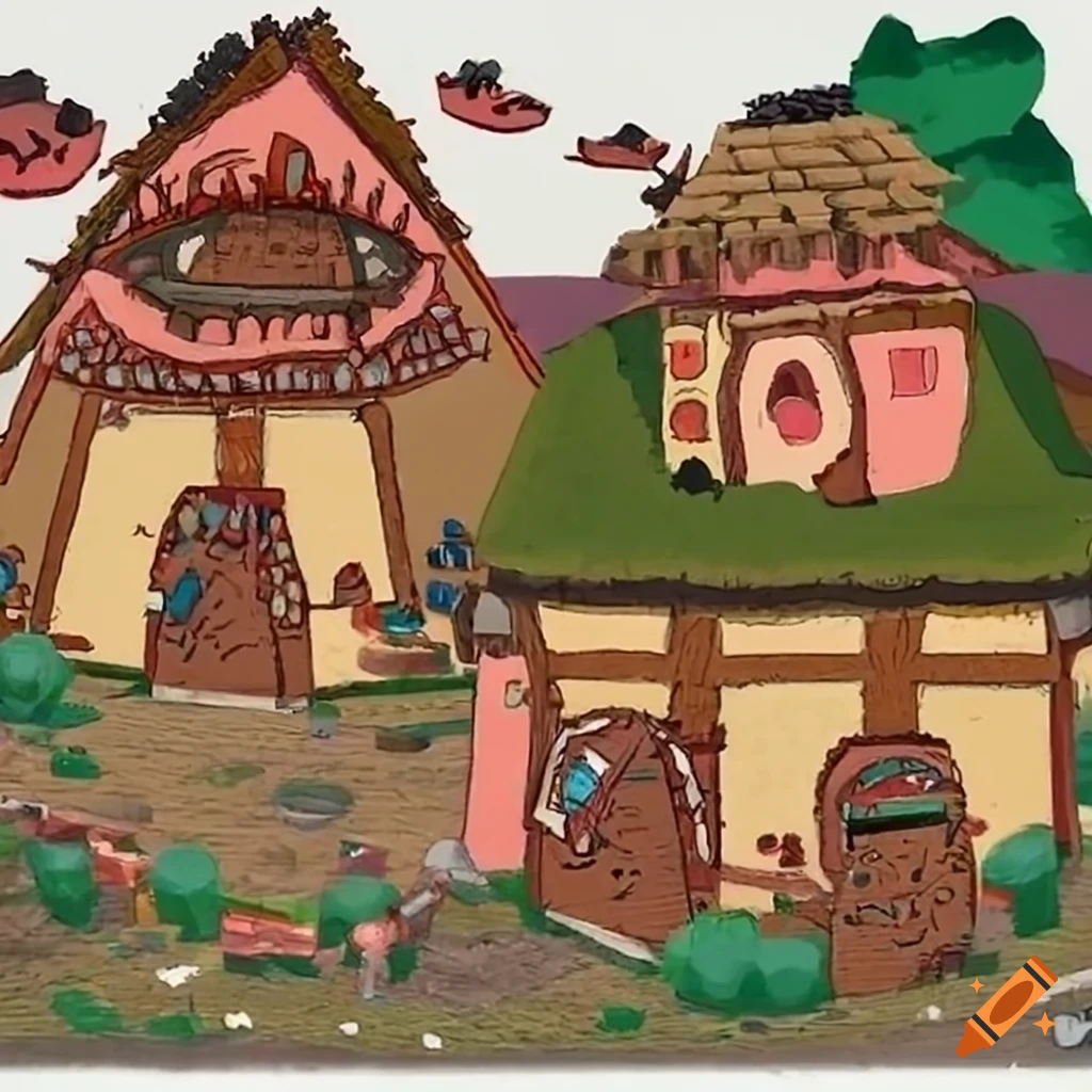 Whimsical scene with four little pigs and their houses in a small village