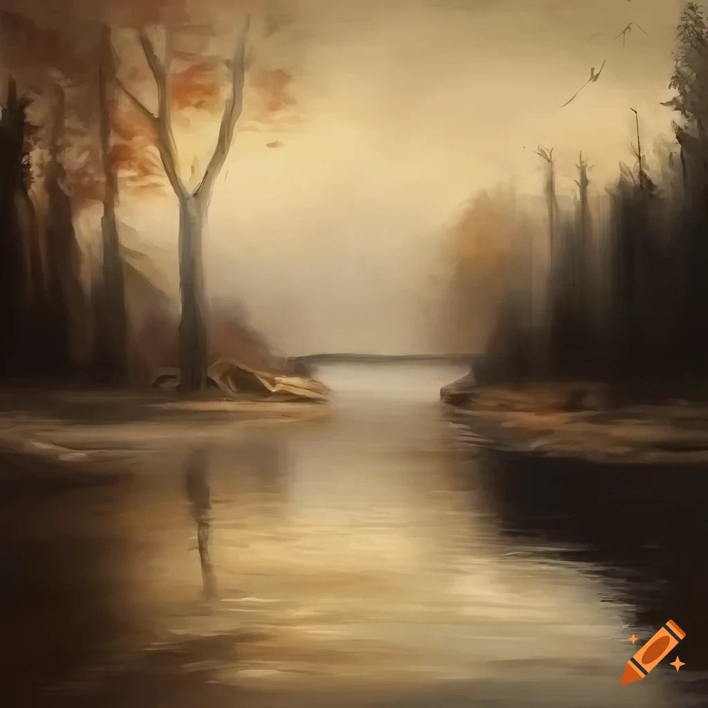 Ancient mist-covered bridge over serene river at night in sepia tones