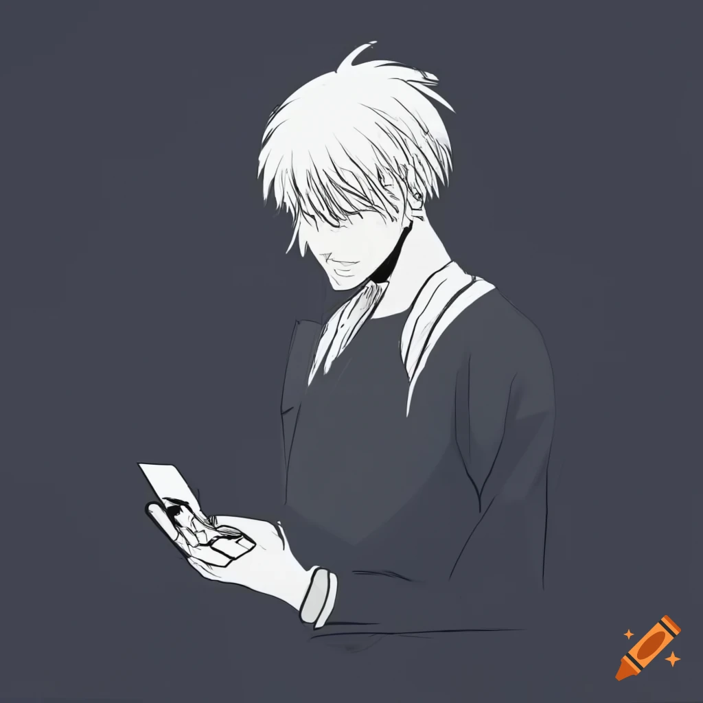 Monochrome side profile drawing of person standing and looking at phone