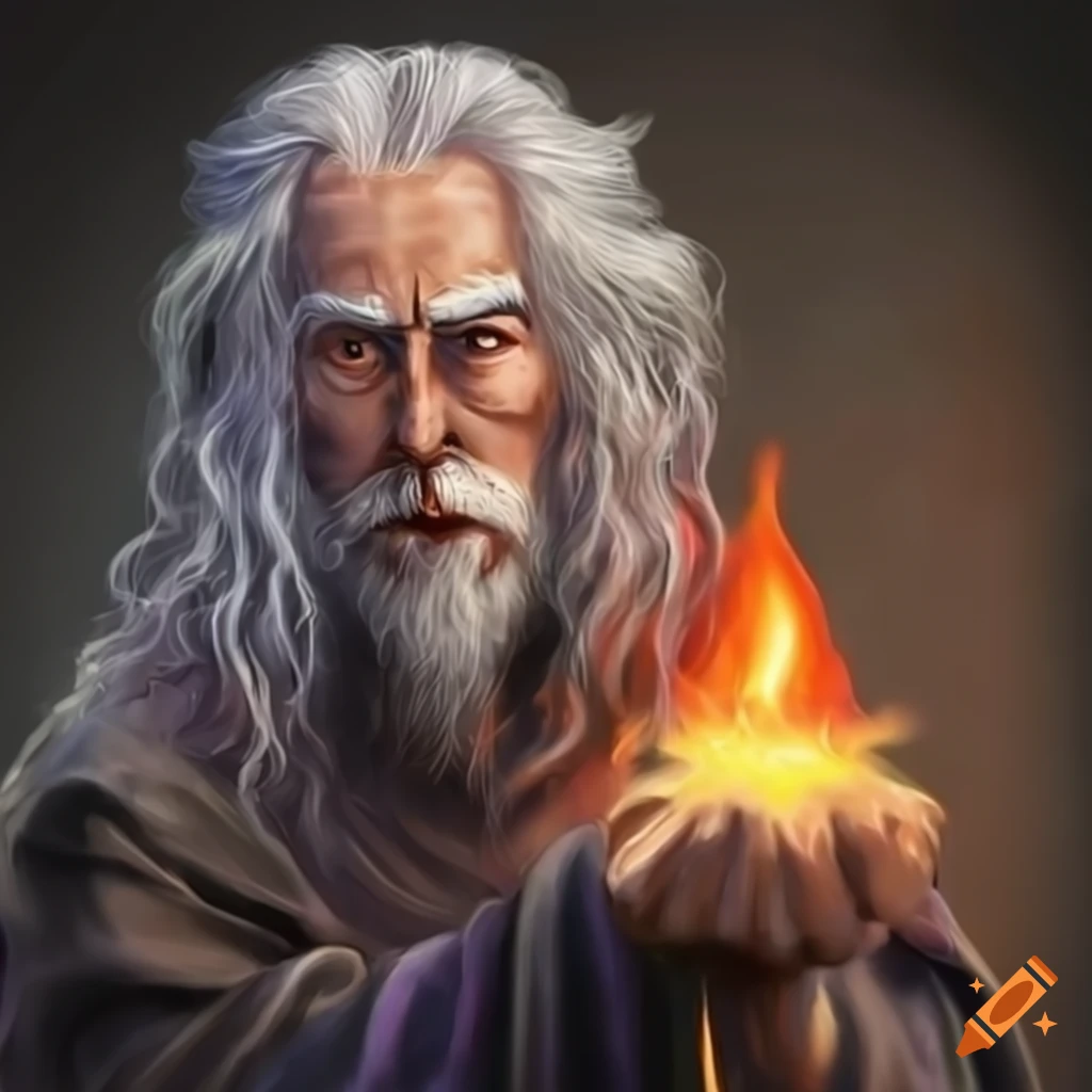 Greyhaired wizard with kind eyes conjuring a flame