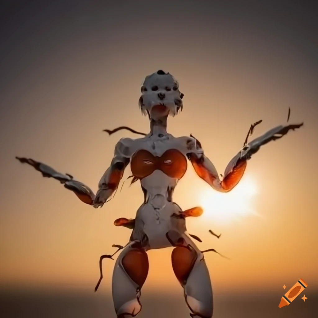 Fire ant in glossy cyborg costume among skyscrapers at sunset