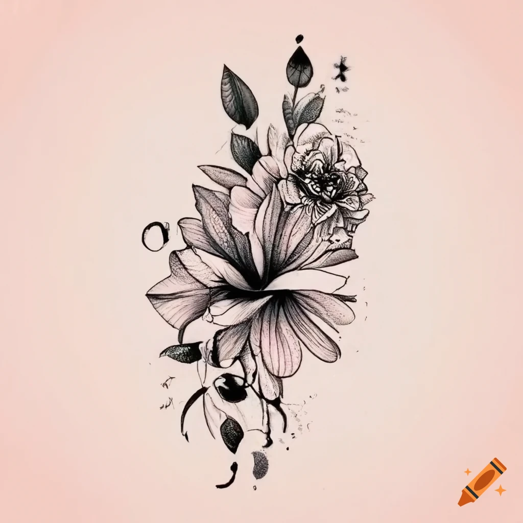 Boho flower tattoo design in black on white background