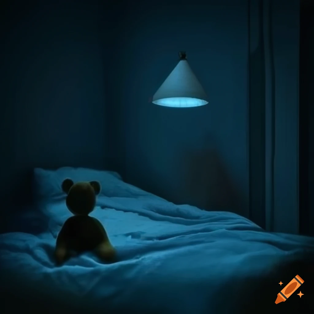 Dimly lit child's bedroom with pastel-colored wallpaper and a teddy bear on the bed