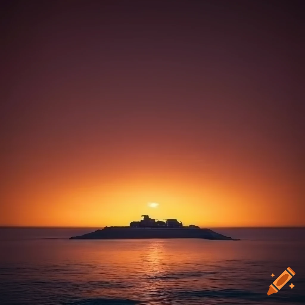 Island with cityscape under a beautiful sunset in the ocean