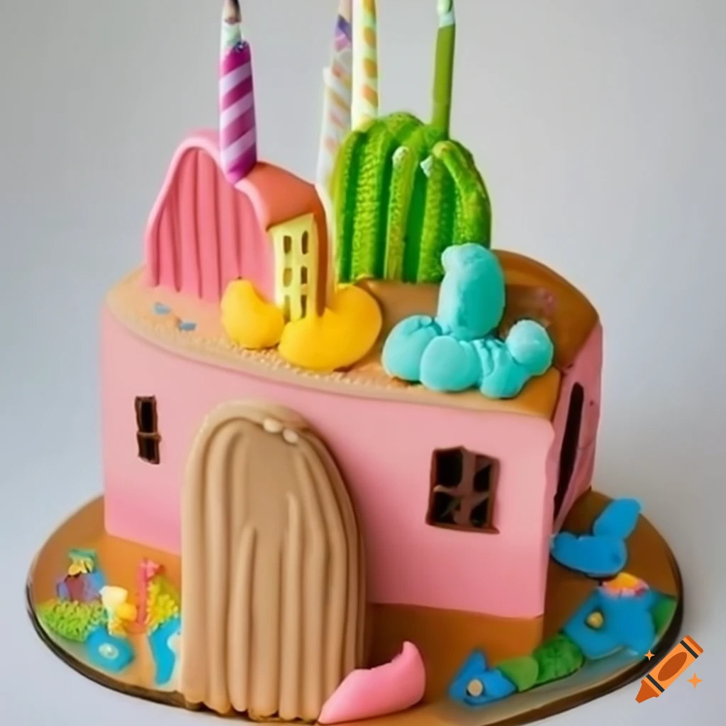 Colorful birthday cake shaped like a desert scene with animals and cactus