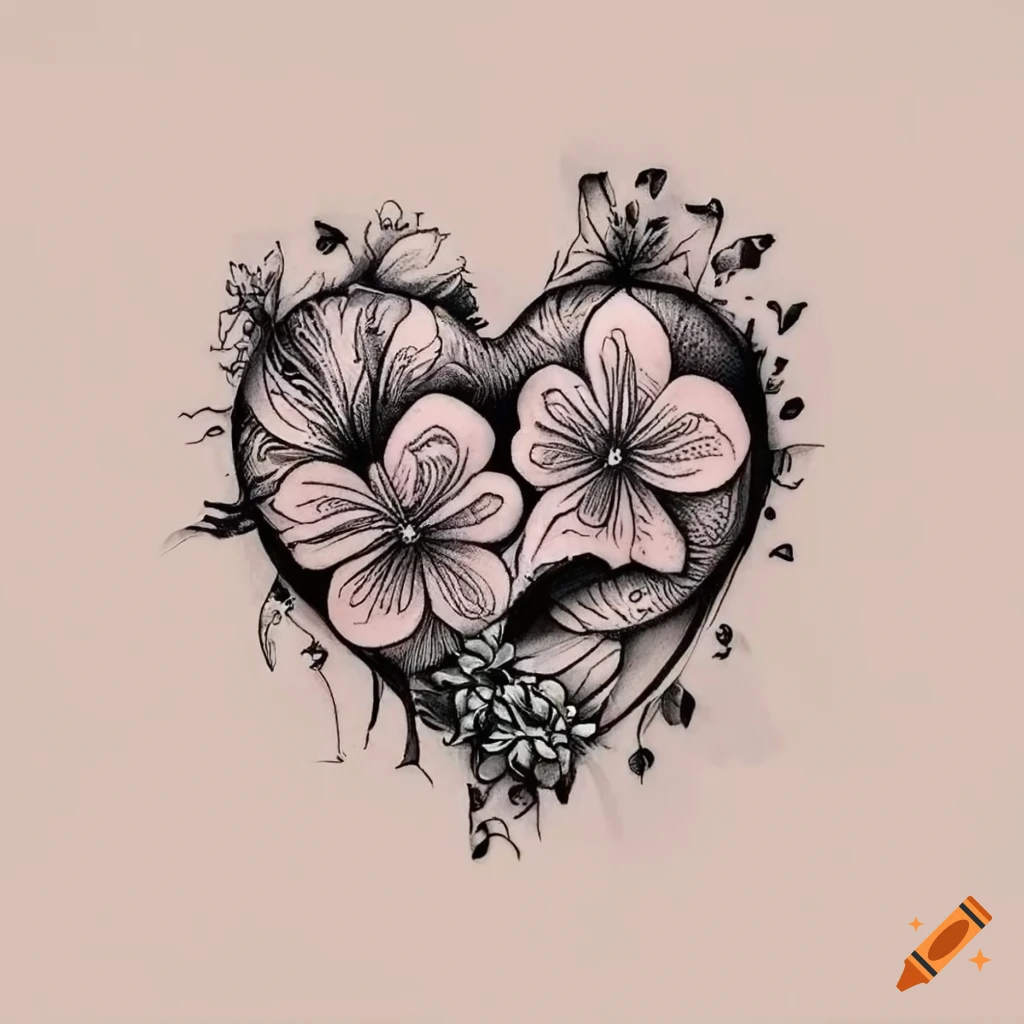 Boho heart and flower tattoo design in black on white