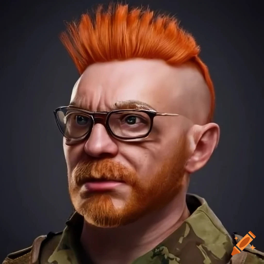Dwarf with red mohawk in WWII military officer uniform and glasses