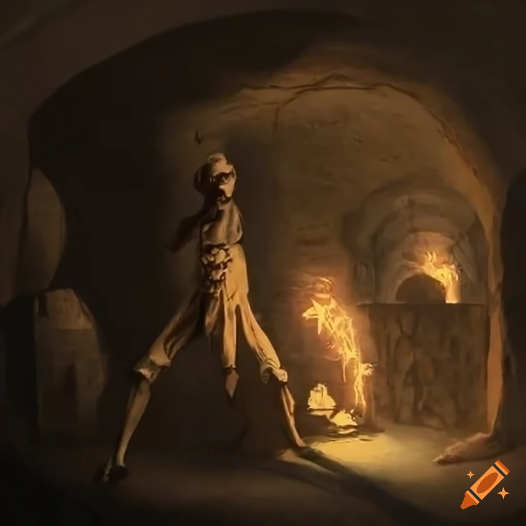 Dimly lit underground catacomb with stone walls lined with bones and skulls