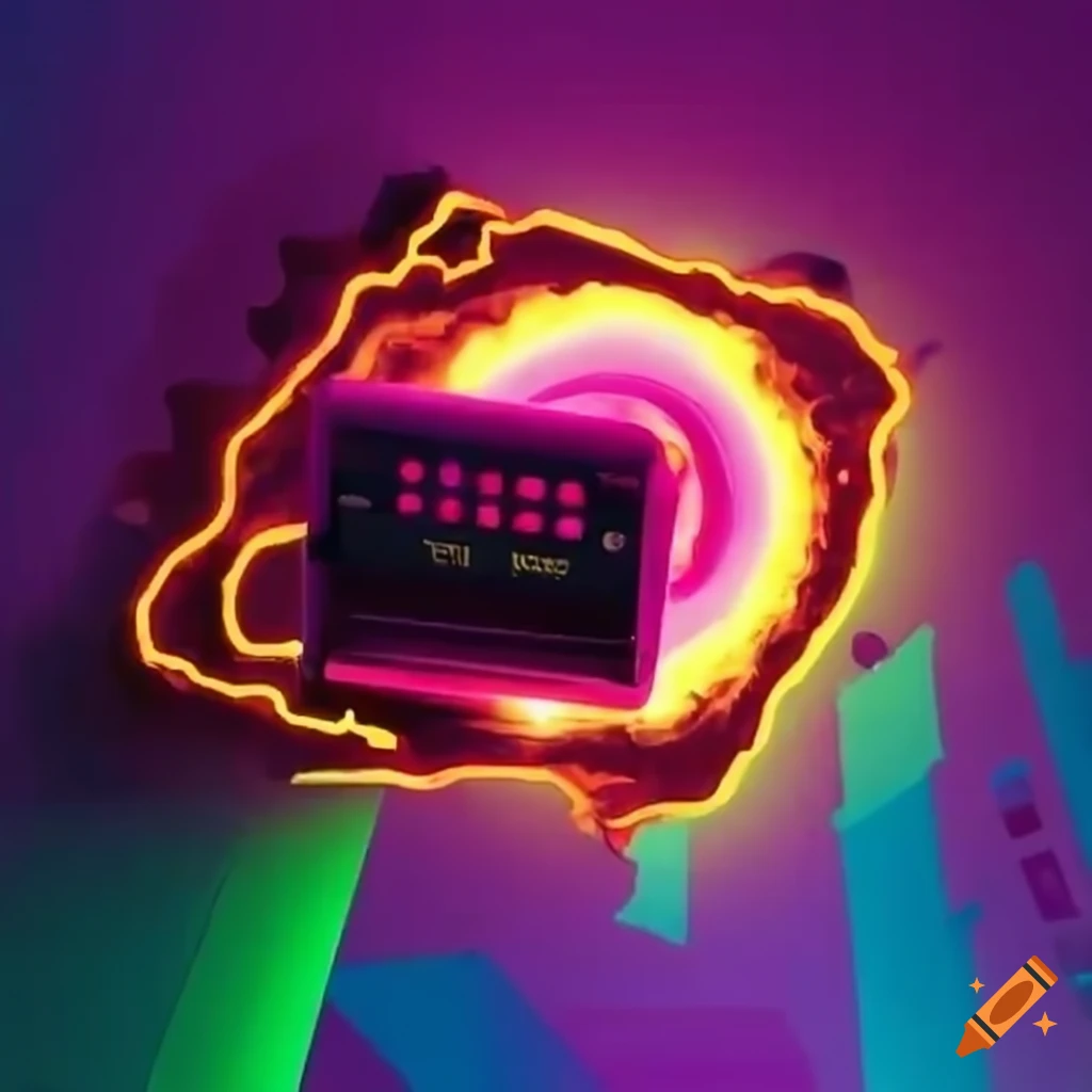Retro Sega Master System exploding with neon lights and sound effects