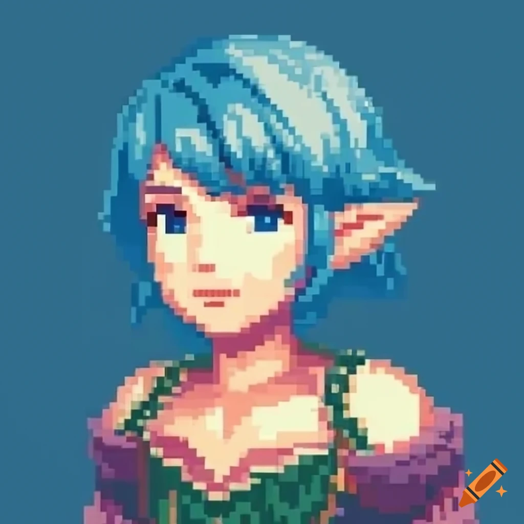 1990 retro impressionist pixel art portrait of a cute blue-haired J-RPG demi-elf heroine in a white greek toga