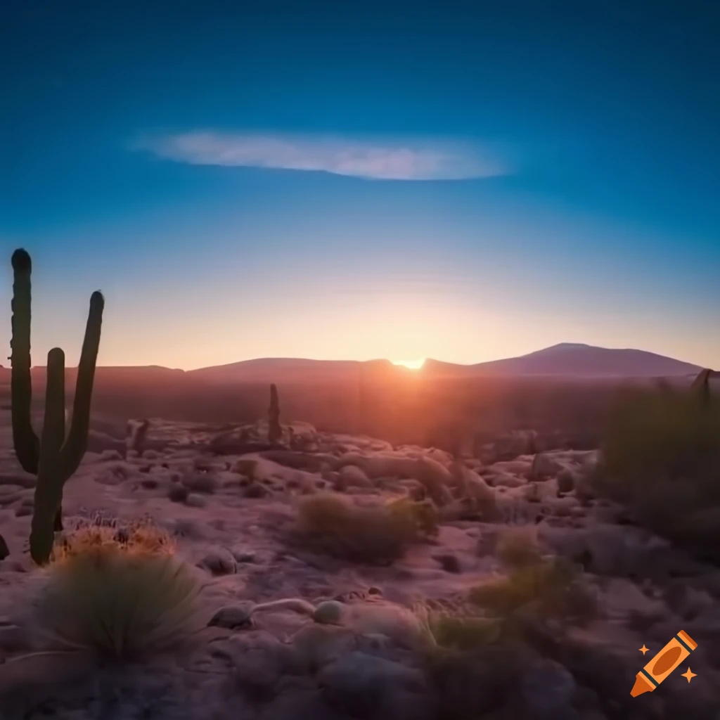 Desert landscape with cactus at dawn with cinematic lighting