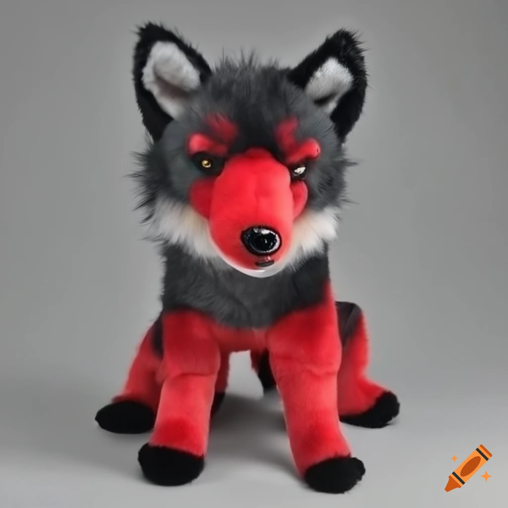 Realistic black and red wolf plushie