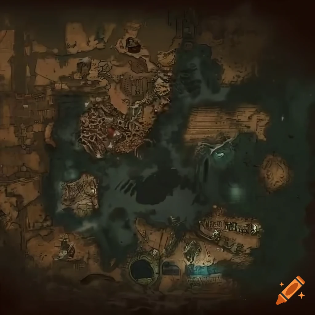 Detailed top-down view of a corrupted country map in a war zone with regions, towns, rivers, and woods