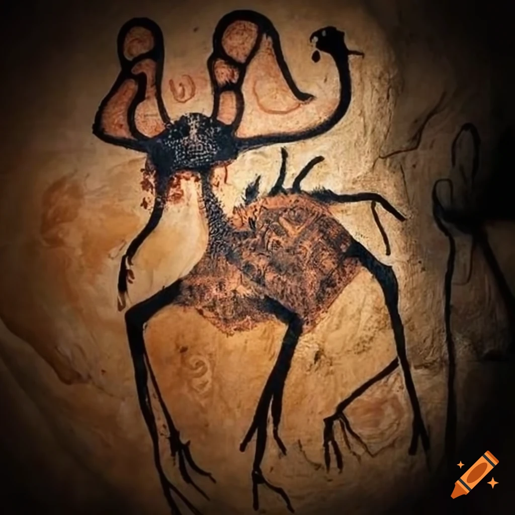 Cthulhu surrounded by dead animals in cave art style similar to Chauvet paintings