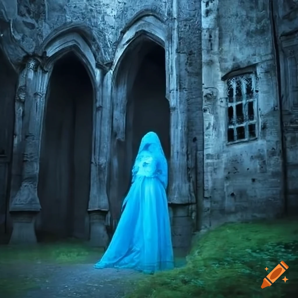 Blue ghostly woman haunting castle grounds