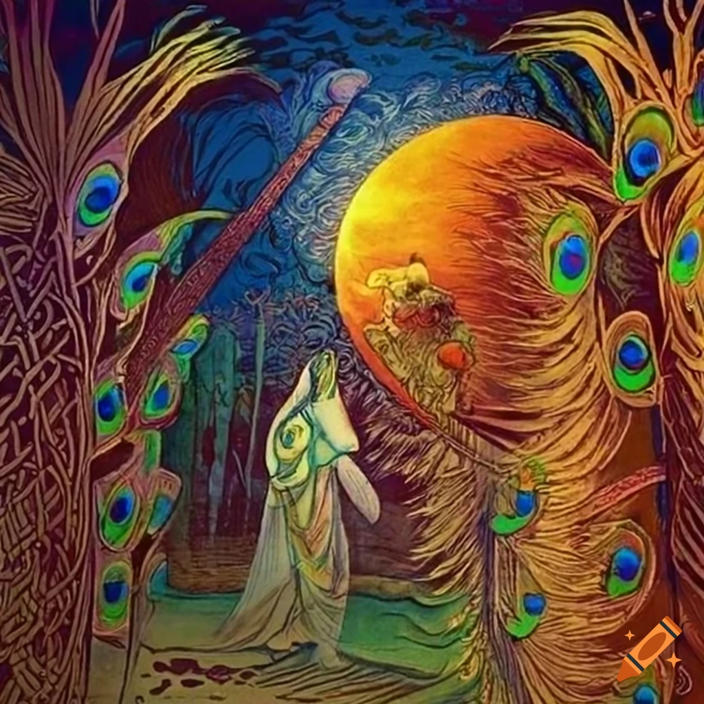 Celtic storybook illustration of a Gold and Copper Raven in a colorful iridescent Peacock cloak
