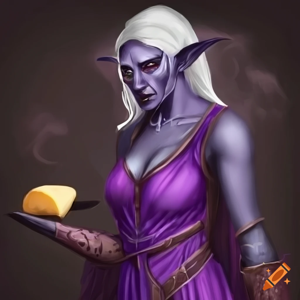 Female drow warlock in a purple dress surrounded by cheese