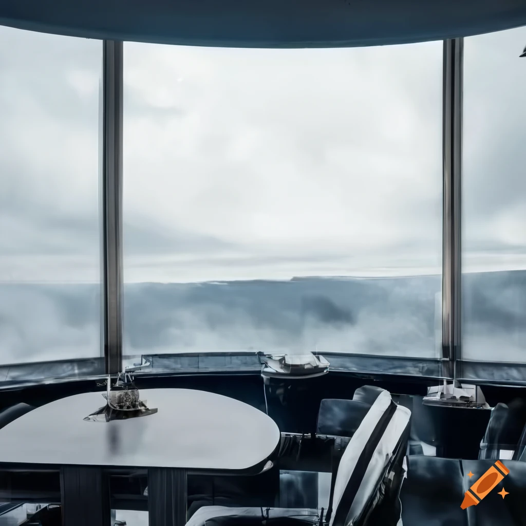 Futuristic airship barroom with window view of fluffy clouds