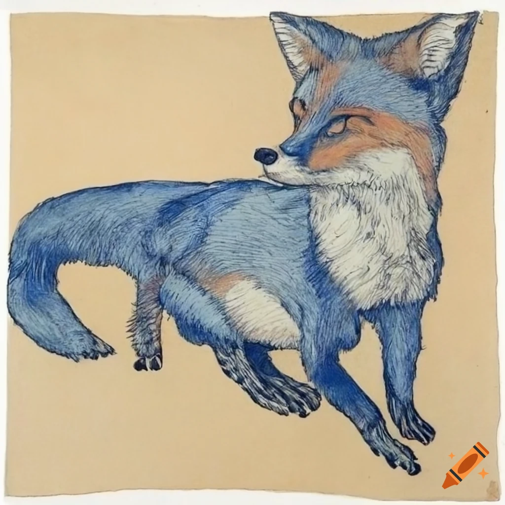 Fox animal drawing with sharp thin lines in blue tones