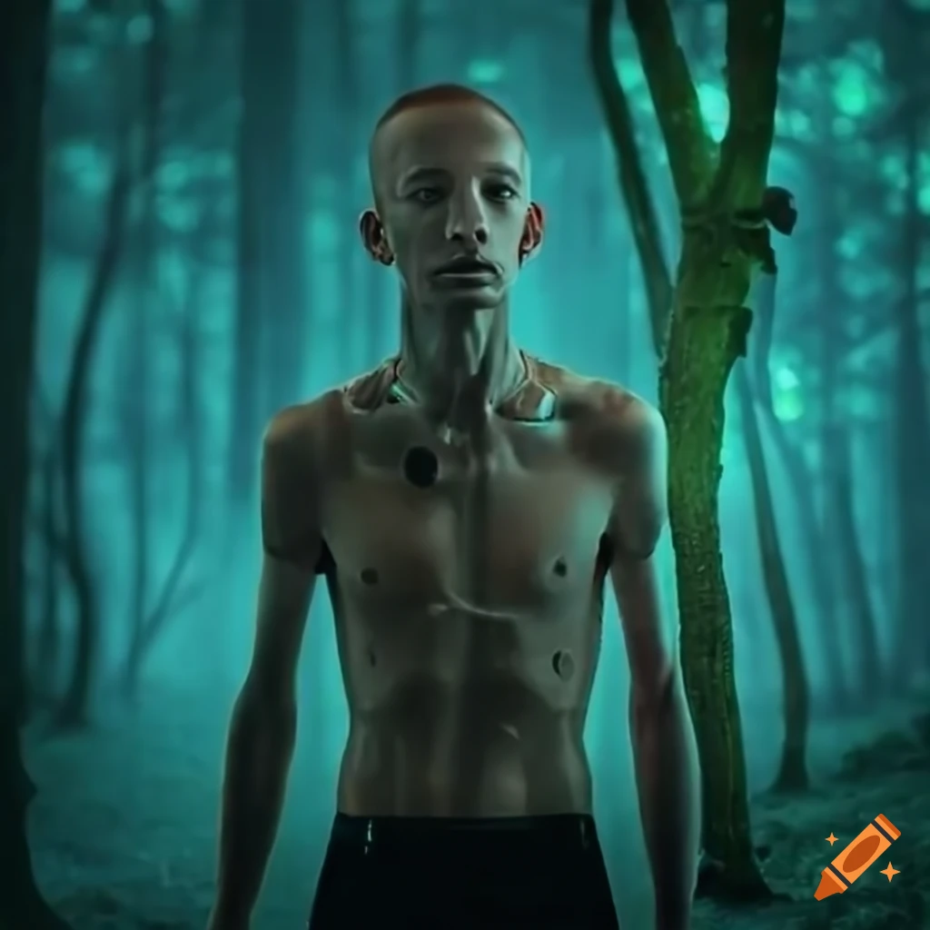 Skinny male cyborg in a glowing mushroom forest