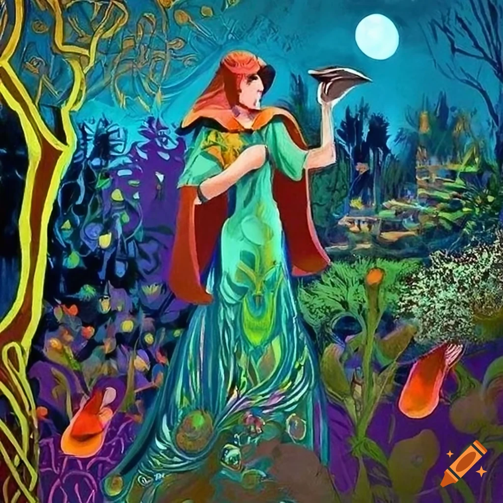 Celtic storybook illustration of a Gold and Copper Raven with a peacock cloak