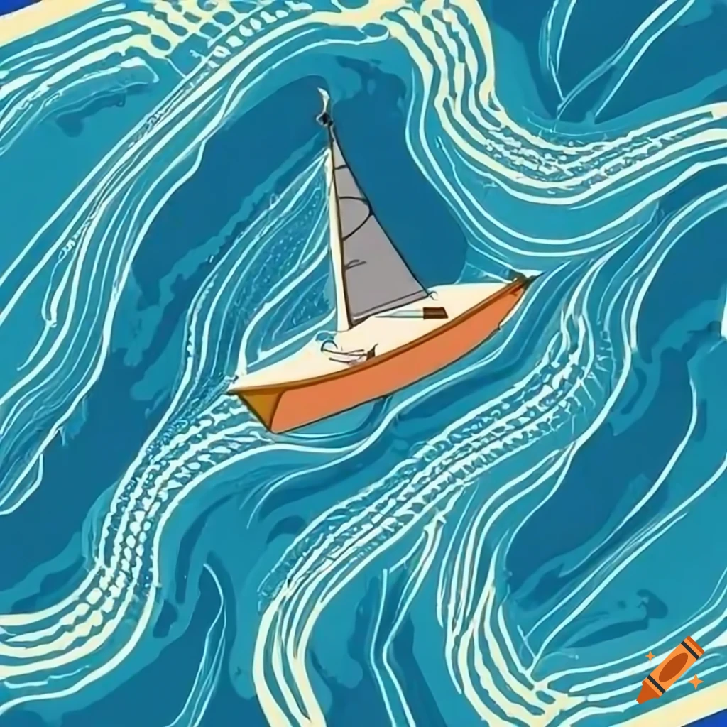 Aerial view of a small sailboat on clear blue waves under the sun