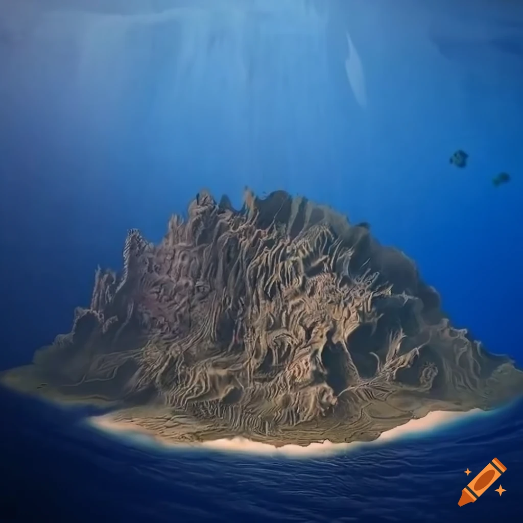 Intricately detailed topographic map of an island with buried treasures and hidden caverns