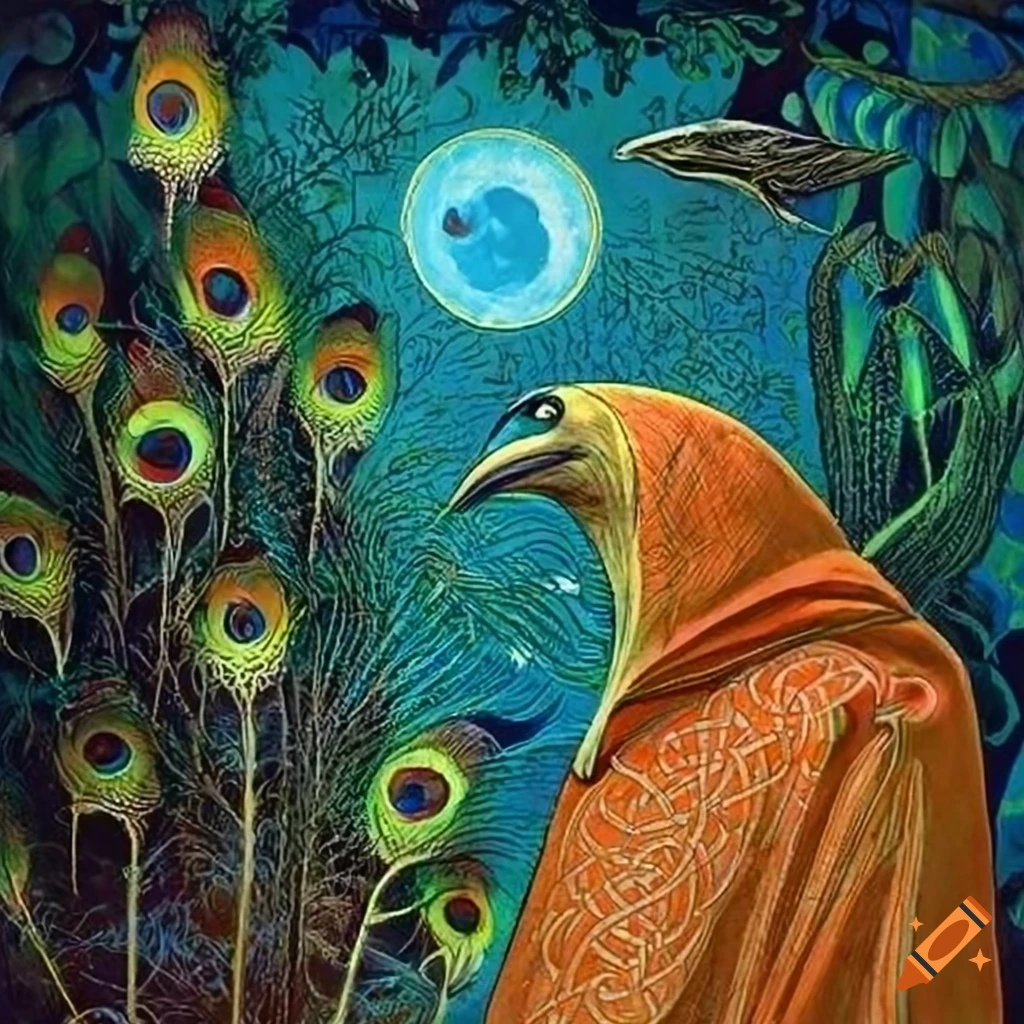 Celtic storybook illustration of a Gold and Copper Raven in a colorful iridescent Peacock cloak