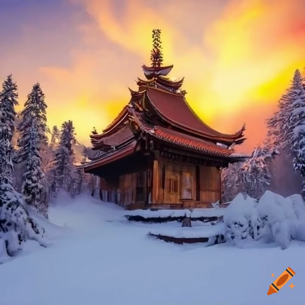 Yakutian wood temple with fire inside under the winter sky
