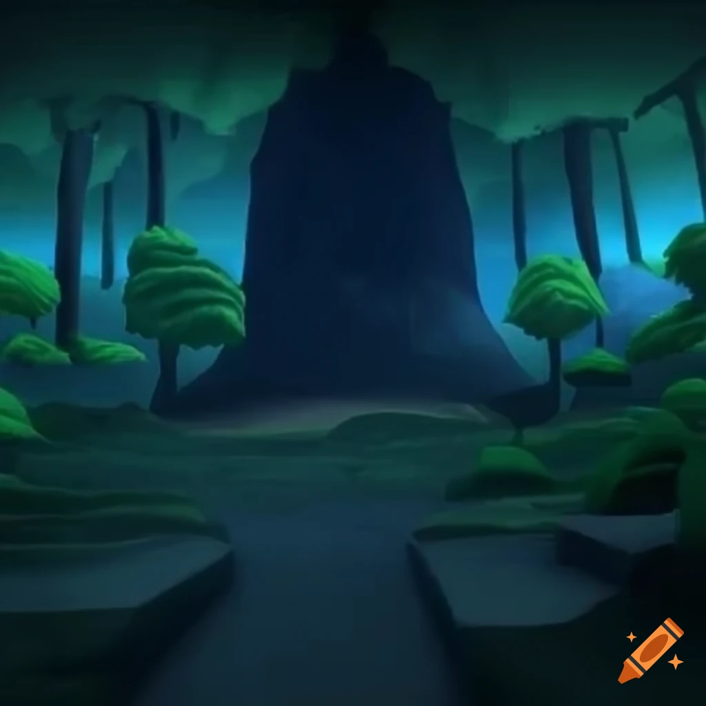 Nintendo 64 style forest at night with a cave in the distance