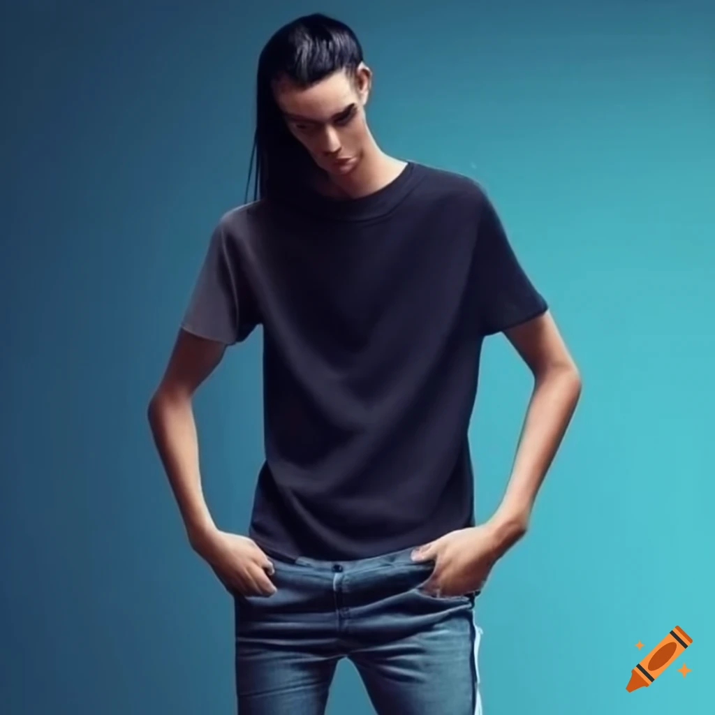 Tall man with black shoulder-length hair wearing baggy blue jeans, sneakers, and a t-shirt