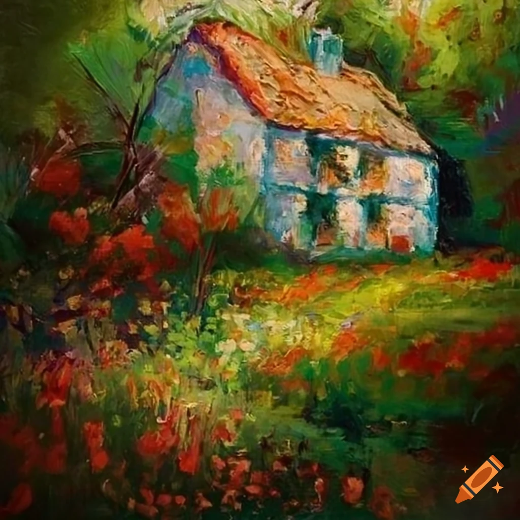 Impressionist cottage surrounded by flowers