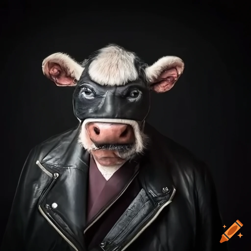 Elderly wise cow character in a leather jacket