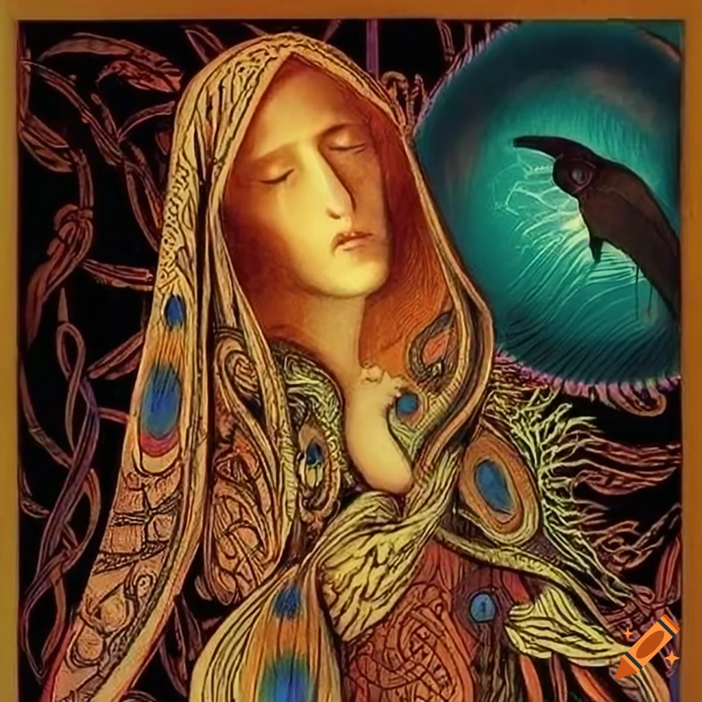 Celtic storybook illustration of a Gold and Copper Raven in a colorful iridescent Peacock cloak