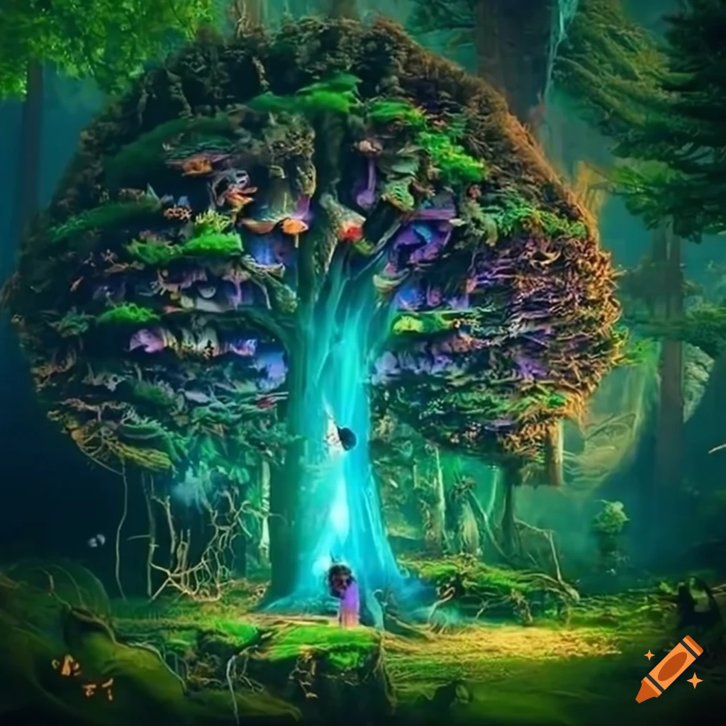 Enchanted forest with magical tree beings uniting to create a gigantic structure