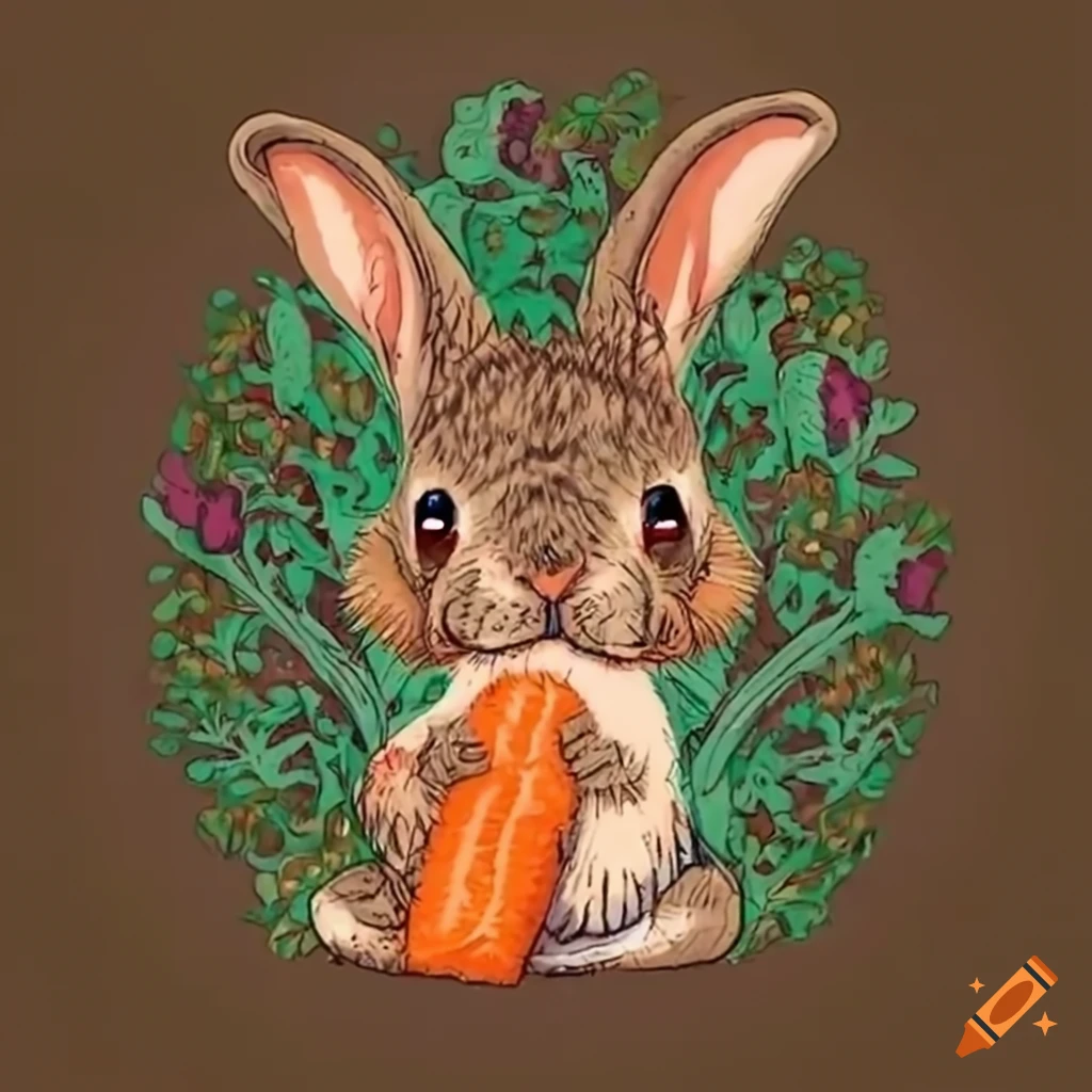 Florida rabbit picking carrots in the forest with US colors in doodles