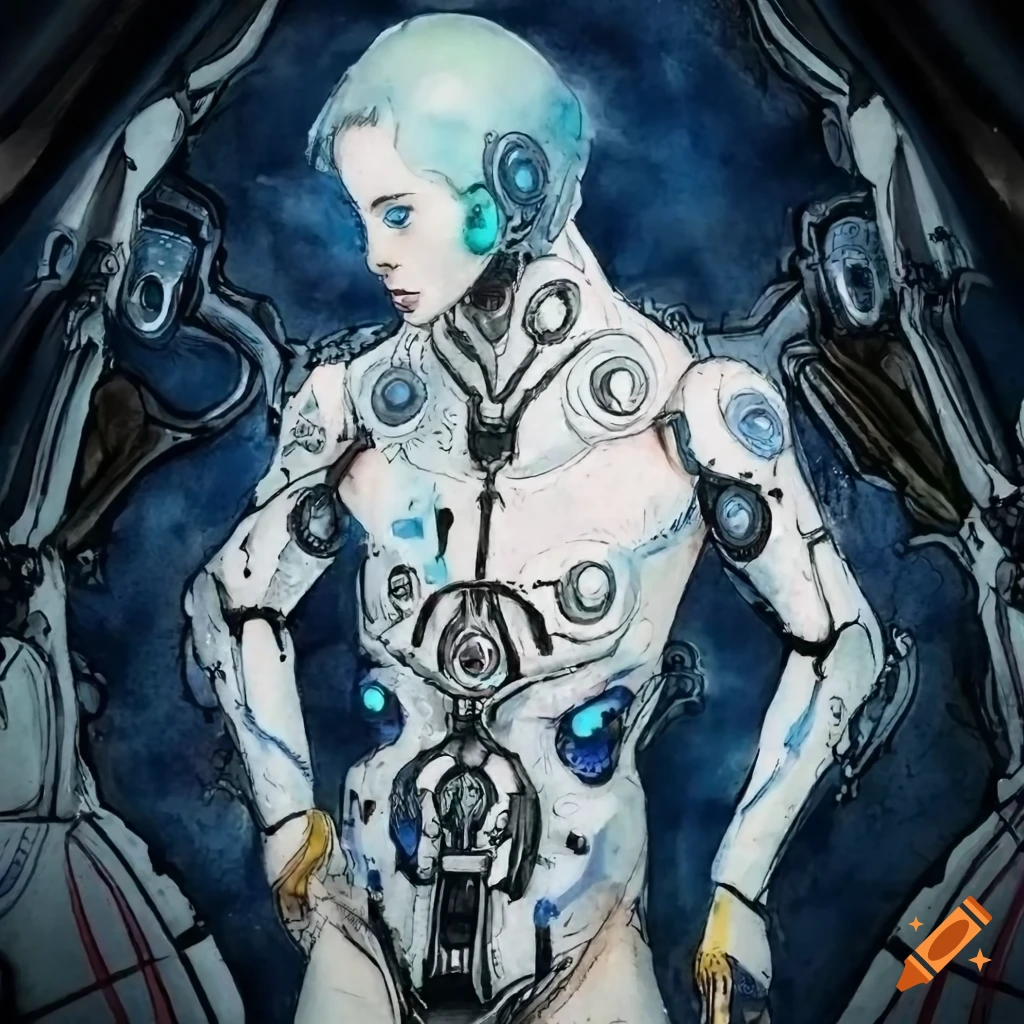 Young male cyborg in white bodysuit with light cyan hair and blue eyes