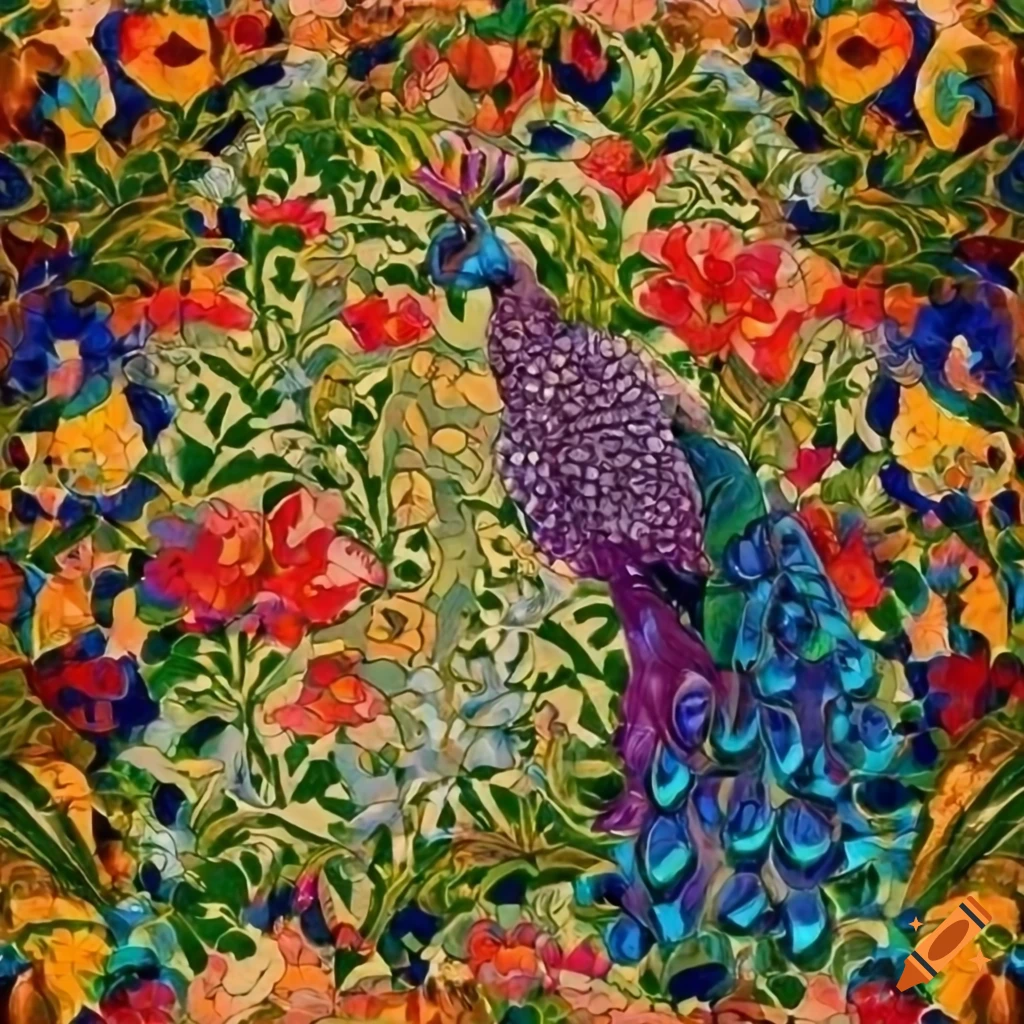 Colorful and detailed jungle mosaic with flowers, parrots, and peacock