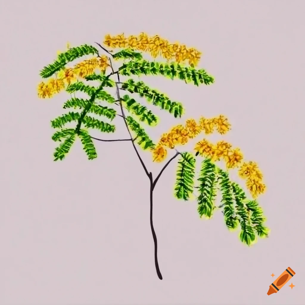 Childish drawing of a mimosa tree branch