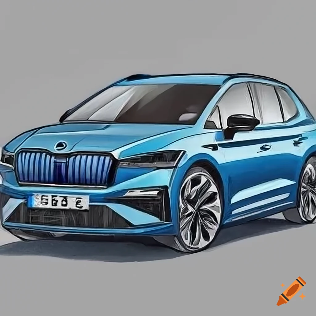 Pencil line drawing of a blue Skoda Enyaq iV80 Sportline